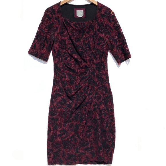 ANTHROPOLOGIE MAEVE Women’s Elorn Burgundy Black Lace Ruched Dress Size 8 - Picture 2 of 8